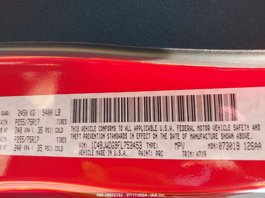 2015 Jeep Wrangler Unlimited Sport VIN: 1C4BJWDG9FL753453 Lot: 39872752