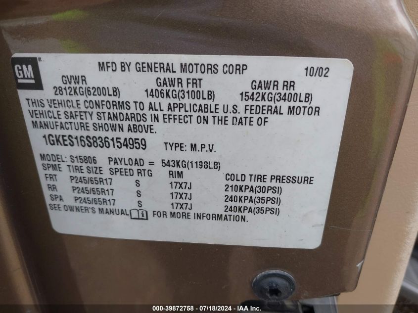 2003 GMC Envoy Xl Slt VIN: 1GKES16S836154959 Lot: 39872758