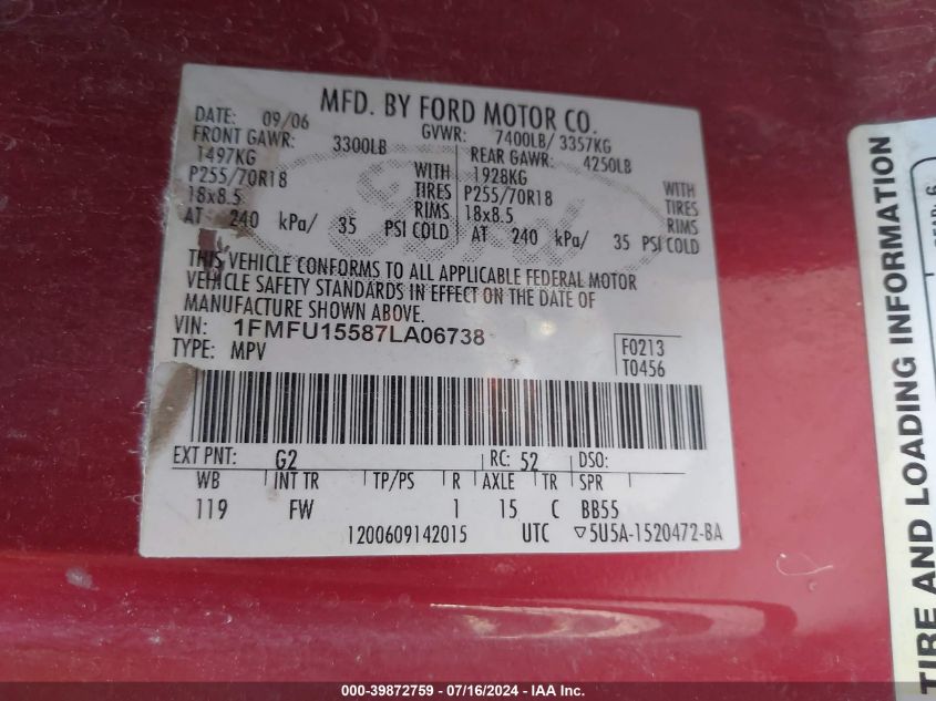 2007 Ford Expedition Xlt VIN: 1FMFU15587LA06738 Lot: 39872759