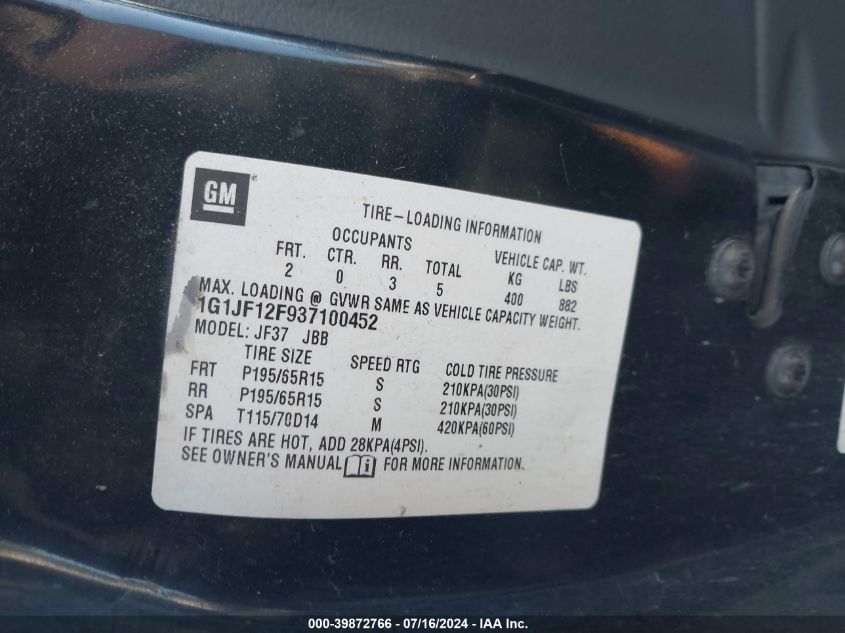 2003 Chevrolet Cavalier Ls VIN: 1G1JF12F937100452 Lot: 39872766