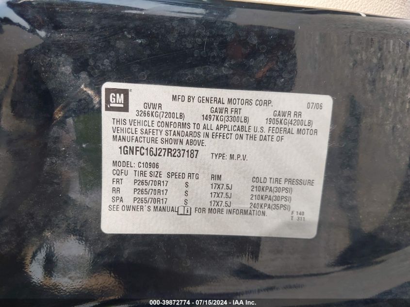 2007 Chevrolet Suburban 1500 Lt VIN: 1GNFC16J27R237187 Lot: 39872774