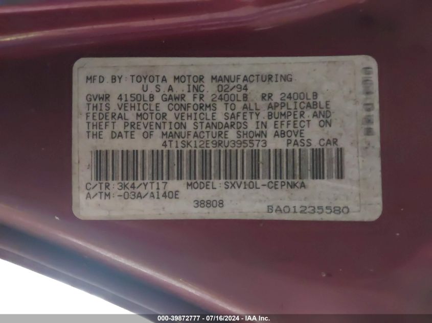 1994 Toyota Camry Le VIN: 4T1SK12E9RU395573 Lot: 39872777