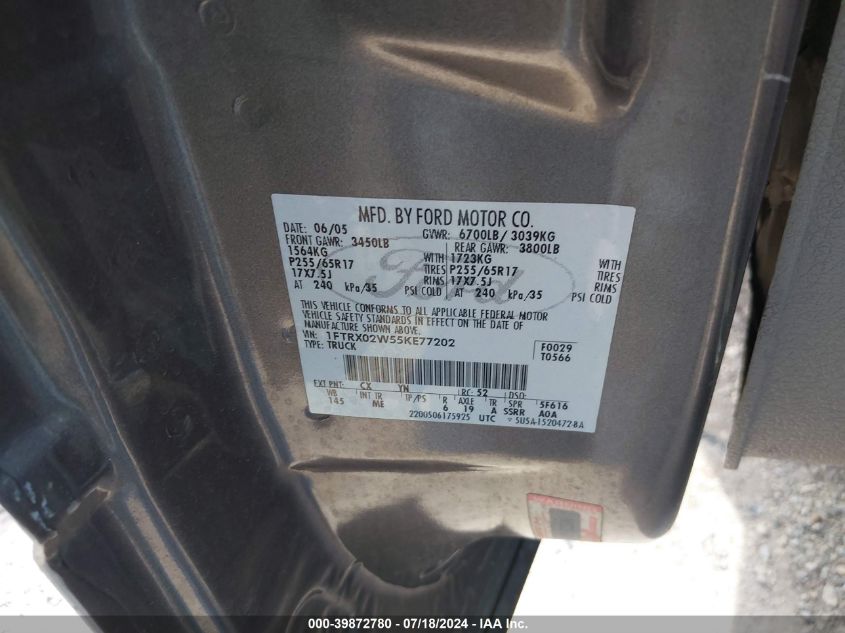 2005 Ford F-150 Stx/Xlt VIN: 1FTRX02W55KE77202 Lot: 39872780