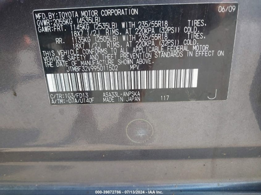 JTMBF32V995011502 2009 Toyota Rav4 Sport