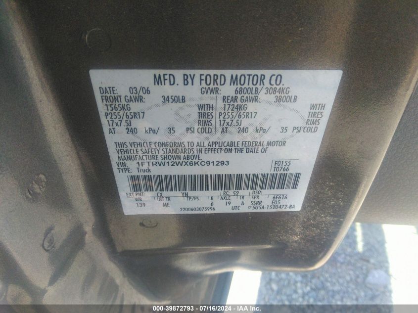 2006 Ford F-150 Xlt VIN: 1FTRW12WX6KC91293 Lot: 39872793