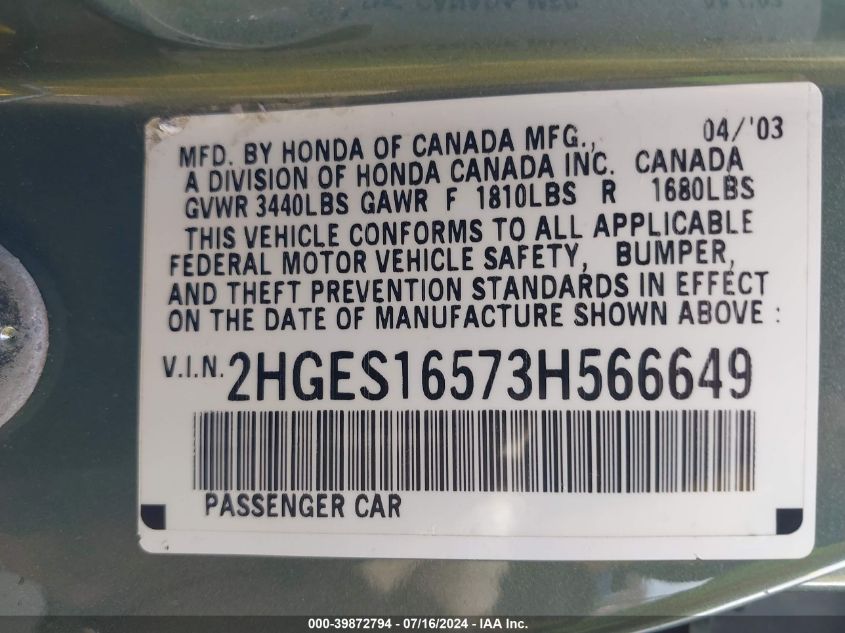2003 Honda Civic Lx VIN: 2HGES16573H566649 Lot: 39872794