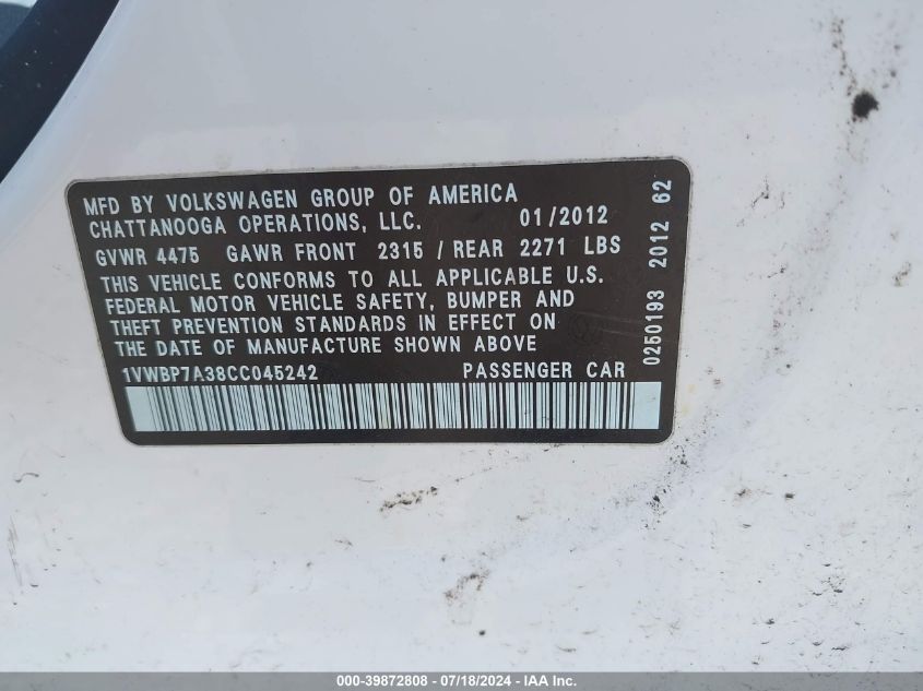 2012 Volkswagen Passat Se VIN: 1VWBP7A38CC045242 Lot: 39872808