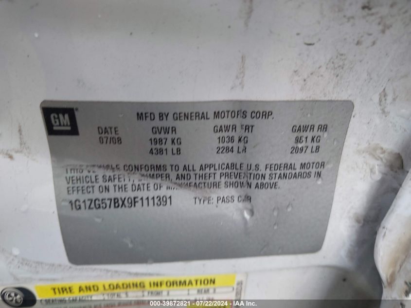 2009 Chevrolet Malibu Ls VIN: 1G1ZG57BX9F111391 Lot: 39872821