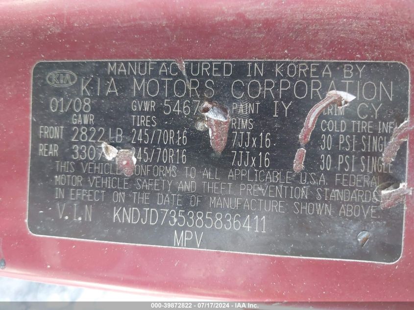 2008 Kia Sorento Lx Base VIN: KNDJD735385836411 Lot: 39872822
