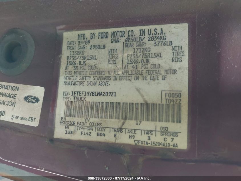 1990 Ford F150 VIN: 1FTEF14Y8LNA20921 Lot: 39872830