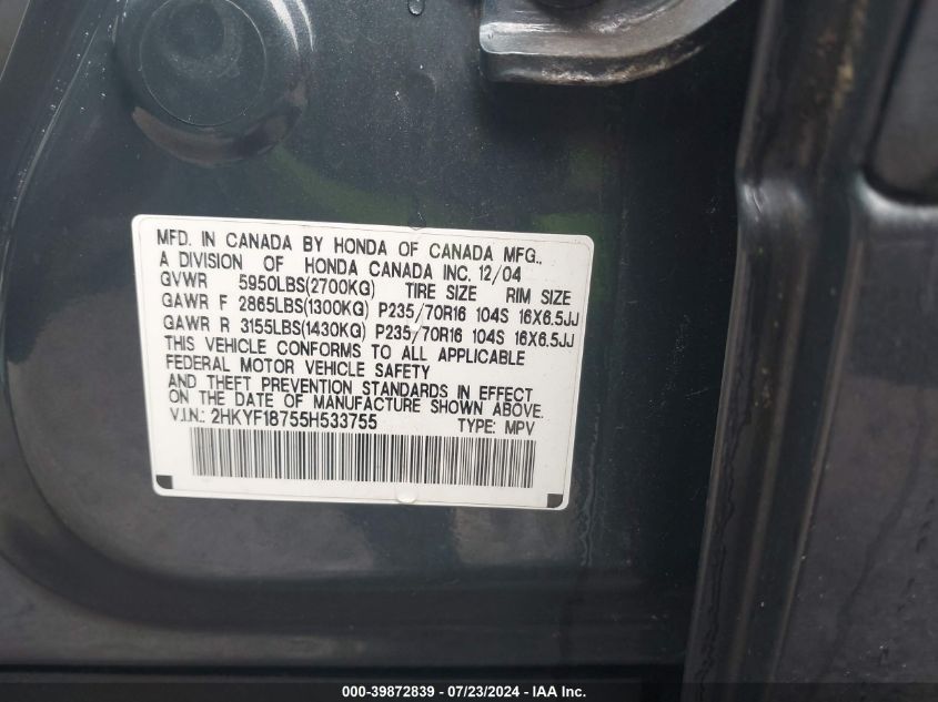 2005 Honda Pilot Ex-L With Navi VIN: 2HKYF18755H533755 Lot: 39872839