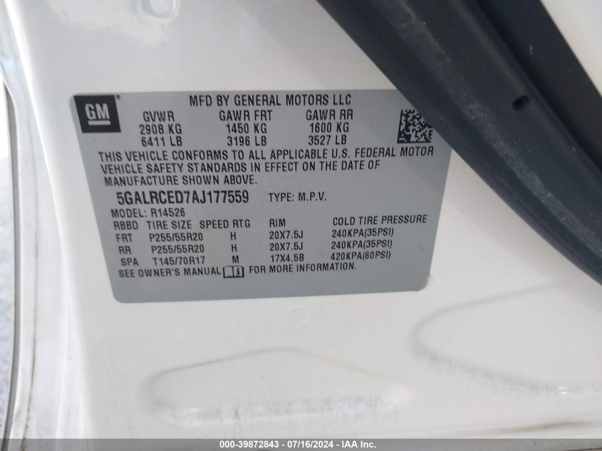 2010 Buick Enclave 2Xl VIN: 5GALRCED7AJ177559 Lot: 39872843