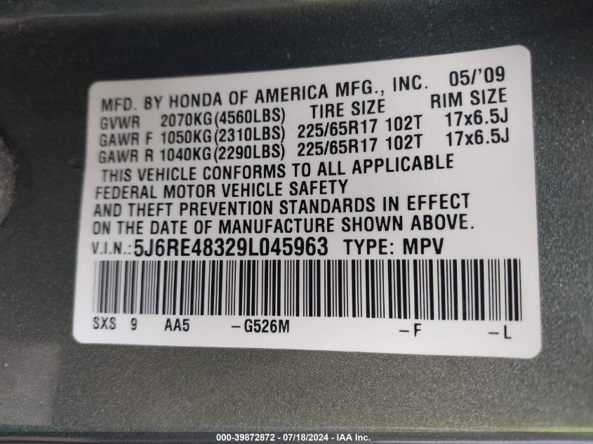 2009 Honda Cr-V Lx VIN: 5J6RE48329L045963 Lot: 39872872