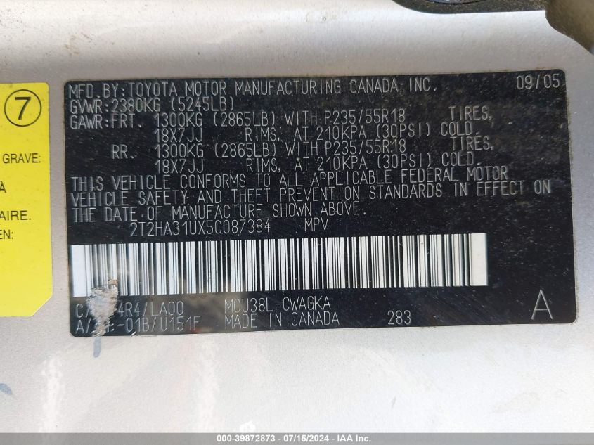 2005 Lexus Rx 330 VIN: 2T2HA31UX5C087384 Lot: 39872873