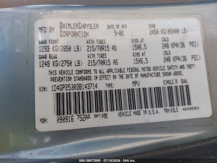 2003 Dodge Caravan Se VIN: 1D4GP25303B143714 Lot: 39872880