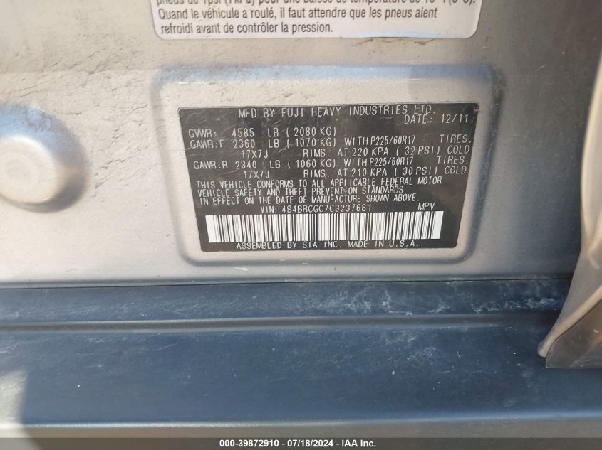 2012 Subaru Outback 2.5I Premium VIN: 4S4BRCGC7C3237681 Lot: 39872910