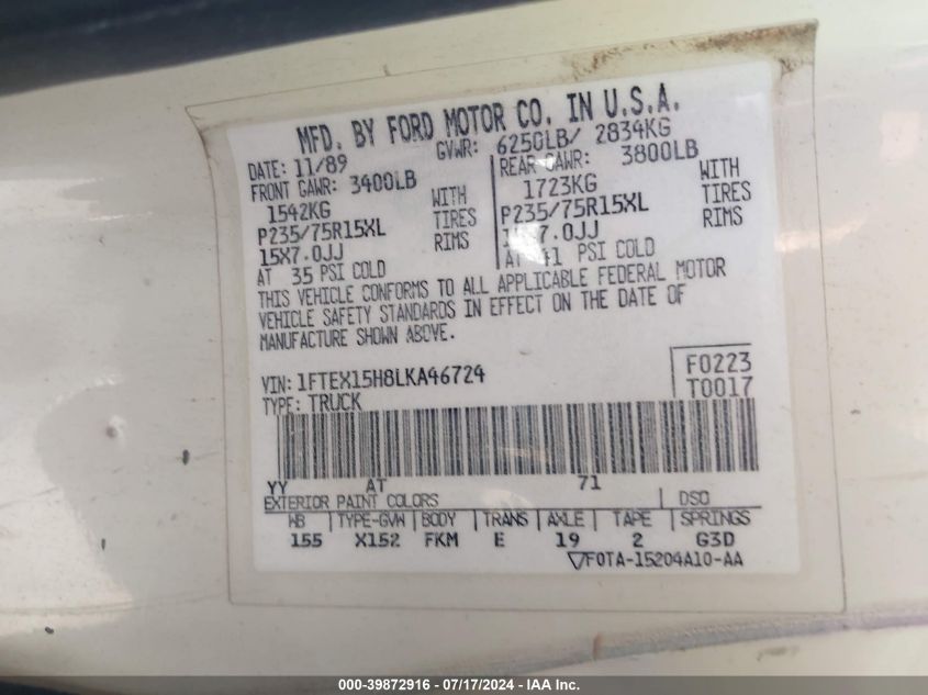 1990 Ford F150 VIN: 1FTEX15H8LKA46724 Lot: 39872916