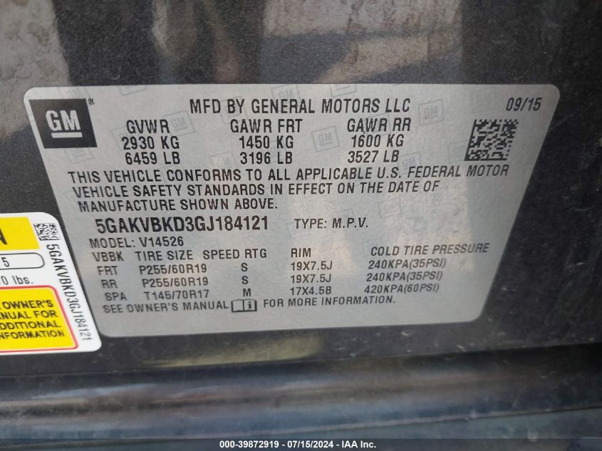 2016 Buick Enclave Leather VIN: 5GAKVBKD3GJ184121 Lot: 39872919