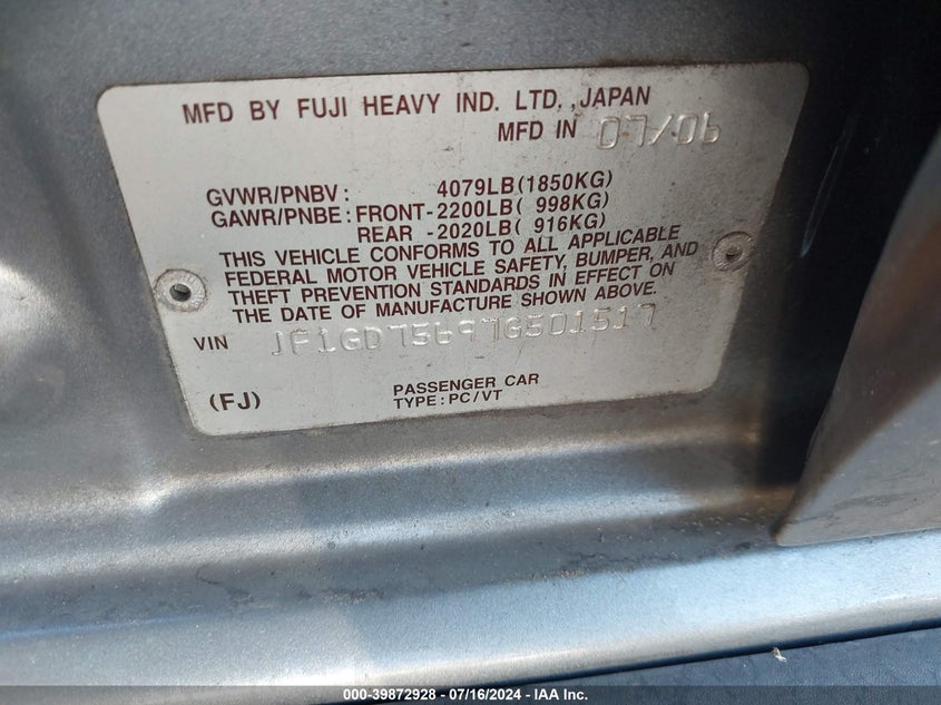 2007 Subaru Impreza Wrx Tr VIN: JF1GD75697G501517 Lot: 39872928