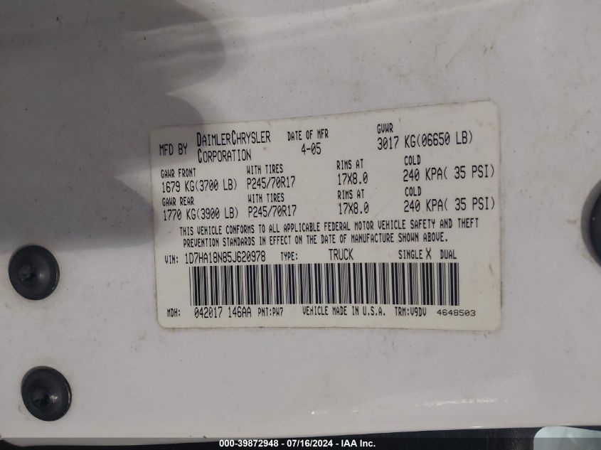 2005 Dodge Ram 1500 Slt/Laramie VIN: 1D7HA18N85J620978 Lot: 39872948