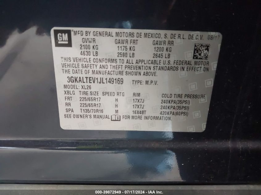 2018 GMC Terrain Sle VIN: 3GKALTEV1JL149169 Lot: 39872949