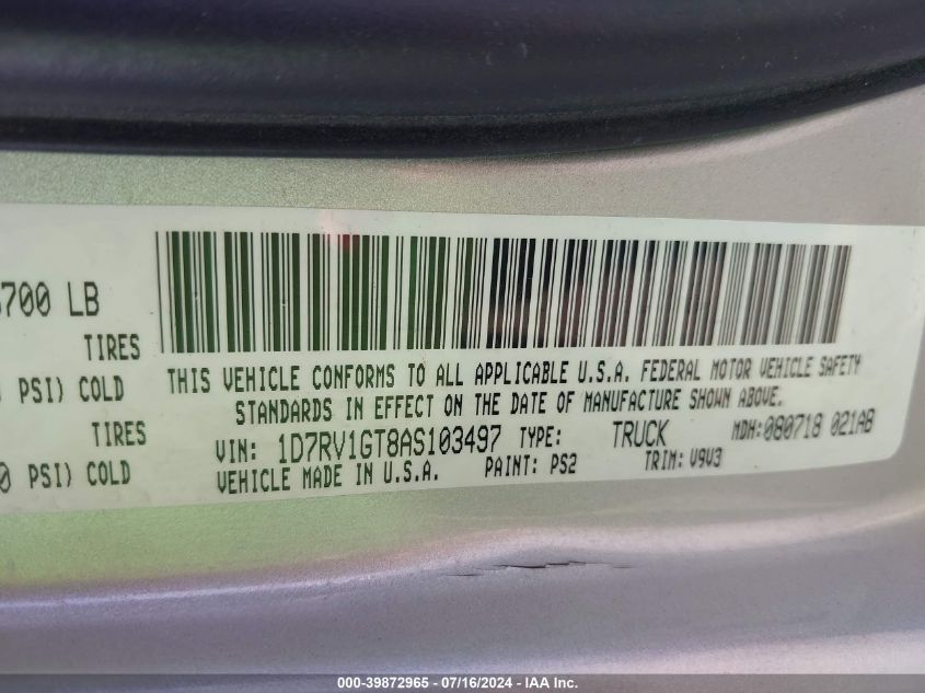 2010 Dodge Ram 1500 St VIN: 1D7RV1GT8AS103497 Lot: 39872965