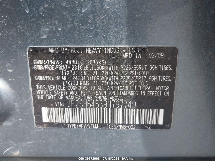 2009 Subaru Forester 2.5X Limited VIN: JF2SH64639H797749 Lot: 39872968