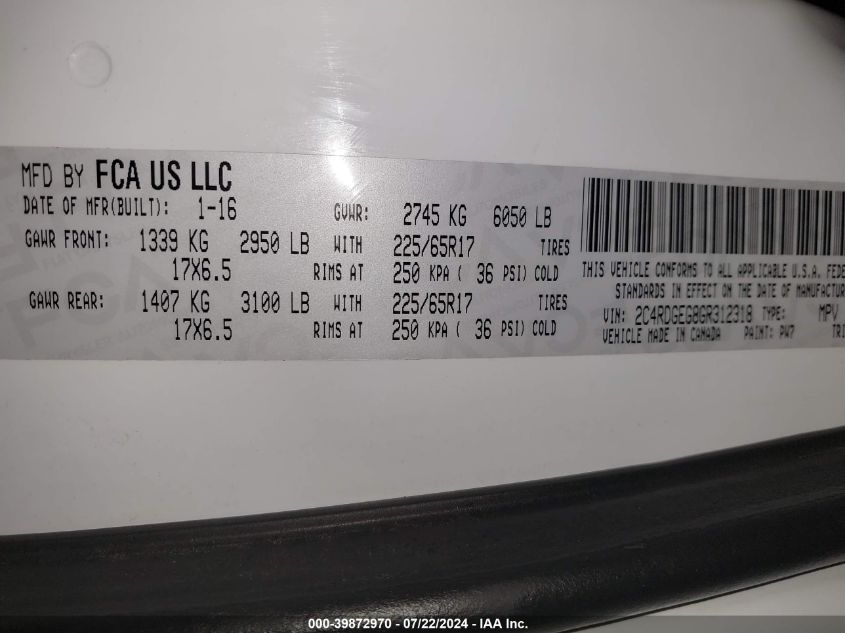 2016 Dodge Grand Caravan R/T VIN: 2C4RDGEG8GR312318 Lot: 39872970