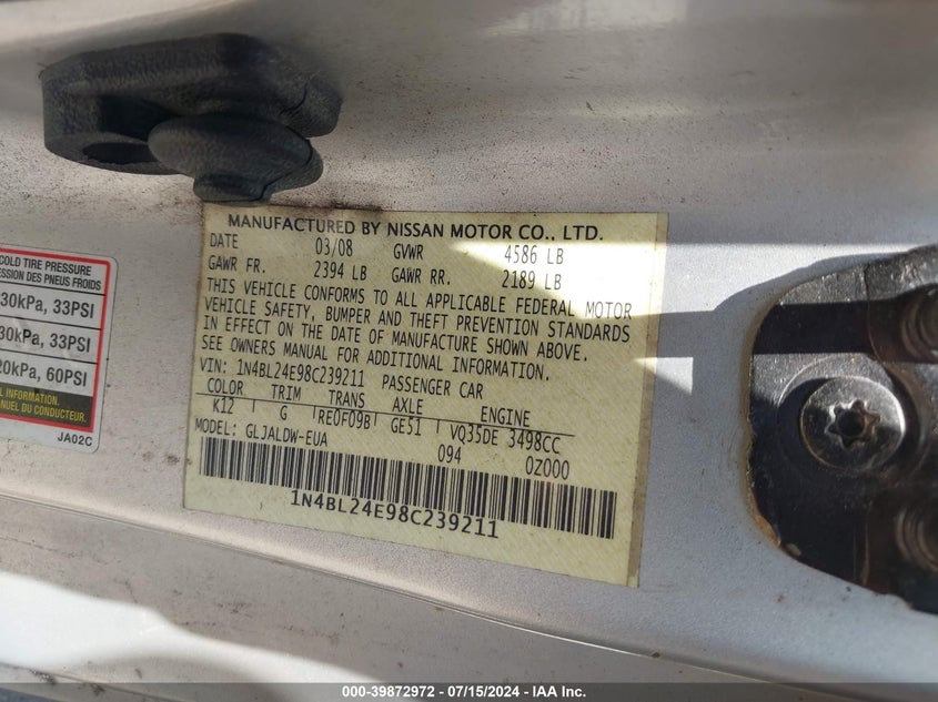 2008 Nissan Altima 3.5 Se VIN: 1N4BL24E98C239211 Lot: 39872972