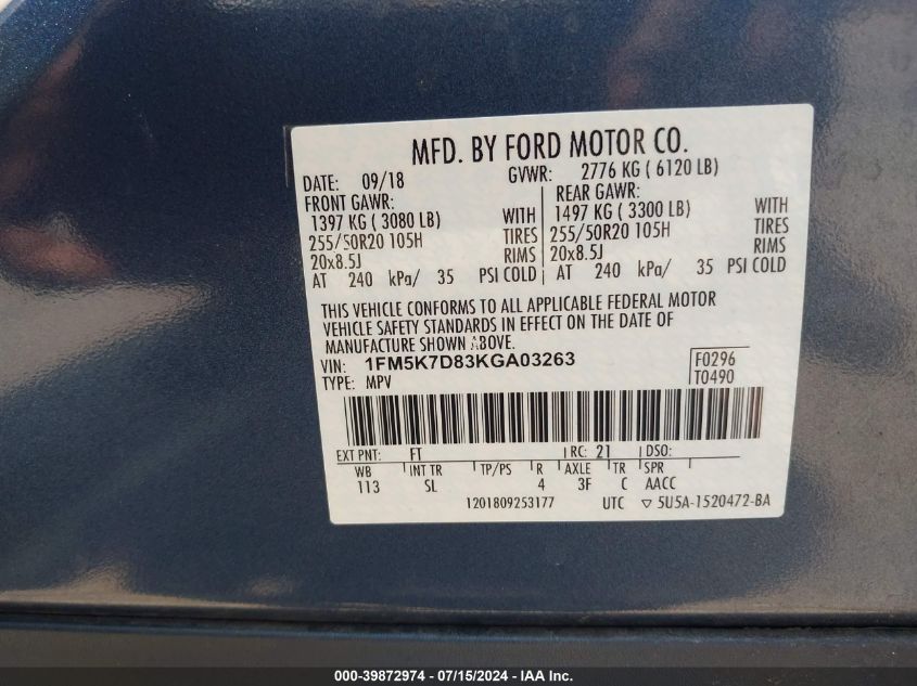 2019 Ford Explorer Xlt VIN: 1FM5K7D83KGA03263 Lot: 39872974