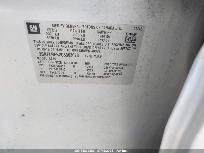 2012 GMC Terrain Sle VIN: 2GKFLREK2C6303670 Lot: 39872986