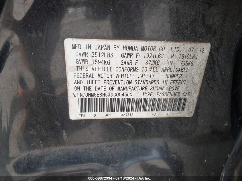 2013 Honda Fit Sport VIN: JHMGE8H5XDC004560 Lot: 39872994