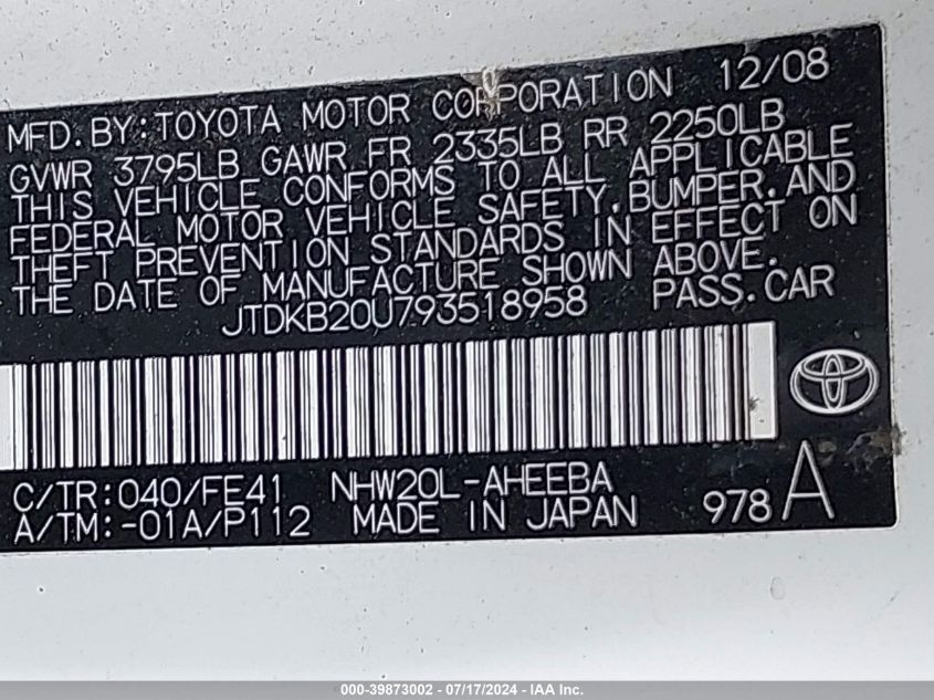 2009 Toyota Prius VIN: JTDKB20U793518958 Lot: 39873002