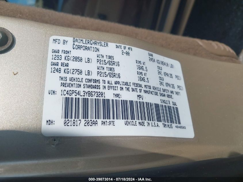 2000 Chrysler Town & Country Lxi VIN: 1C4GP54L3YB673201 Lot: 39873014