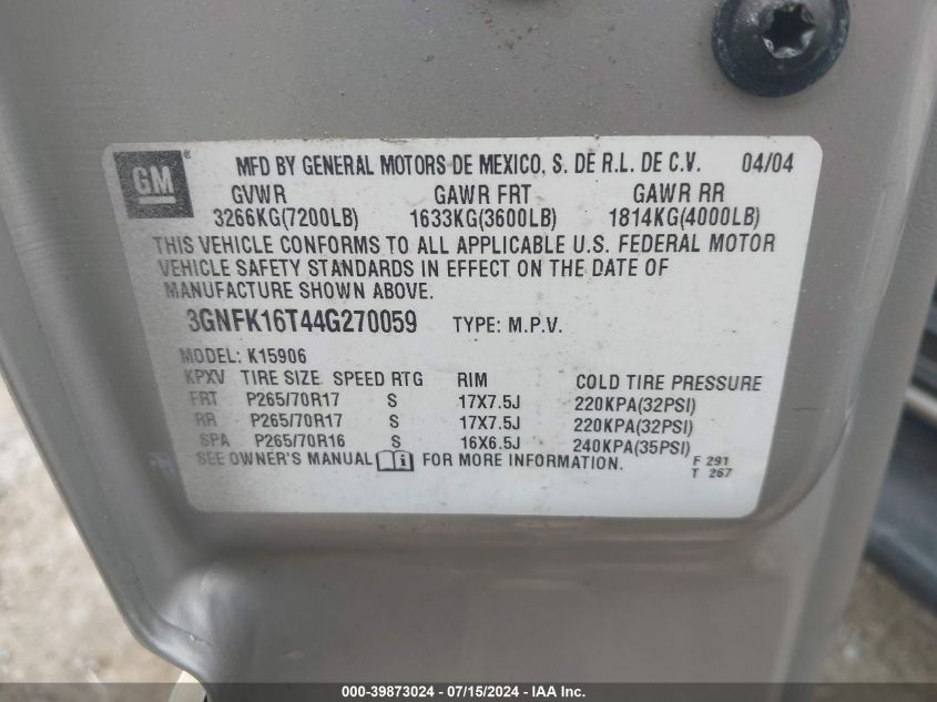 2004 Chevrolet Suburban 1500 Lt VIN: 3GNFK16T44G270059 Lot: 39873024