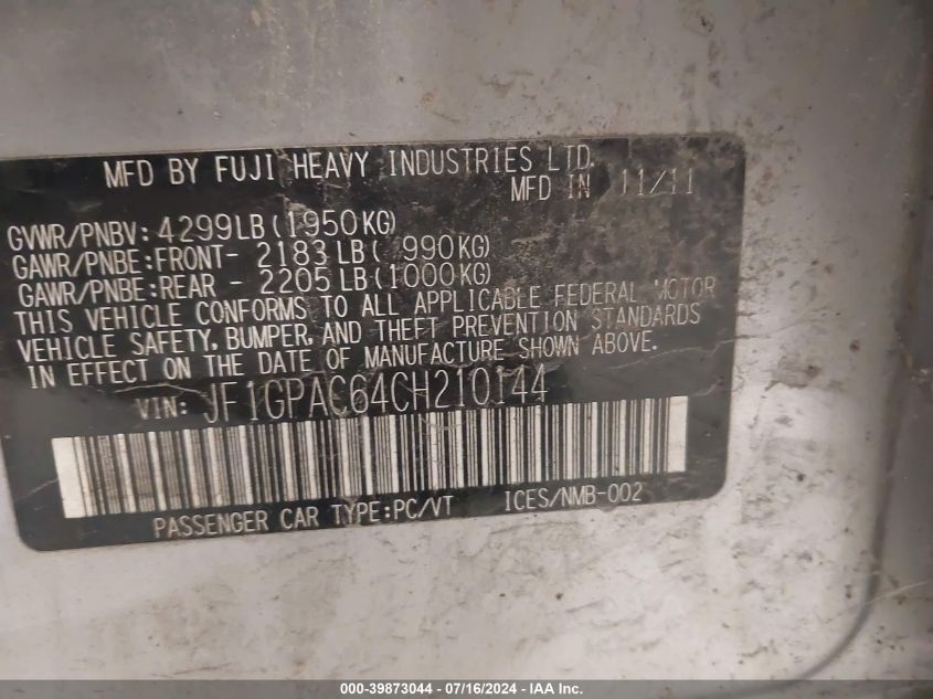 2012 Subaru Impreza 2.0I Premium VIN: JF1GPAC64CH210144 Lot: 39873044