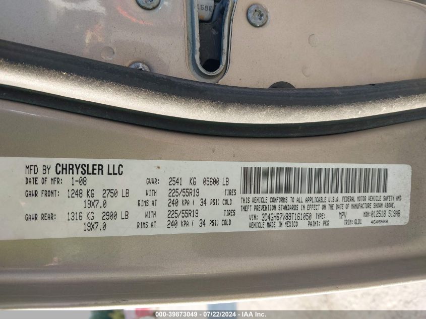 2009 Dodge Journey R/T VIN: 3D4GH67V89T161050 Lot: 39873049