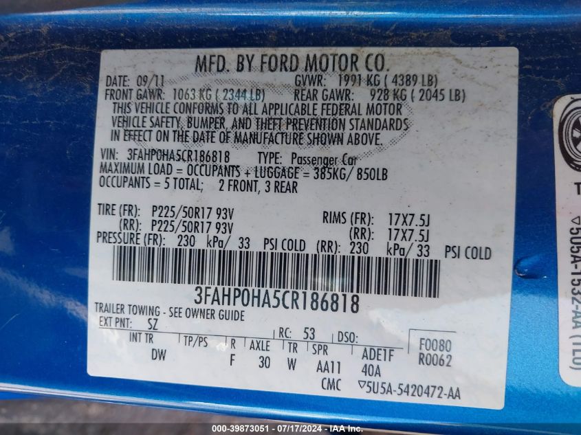 2012 Ford Fusion Se VIN: 3FAHP0HA5CR186818 Lot: 39873051