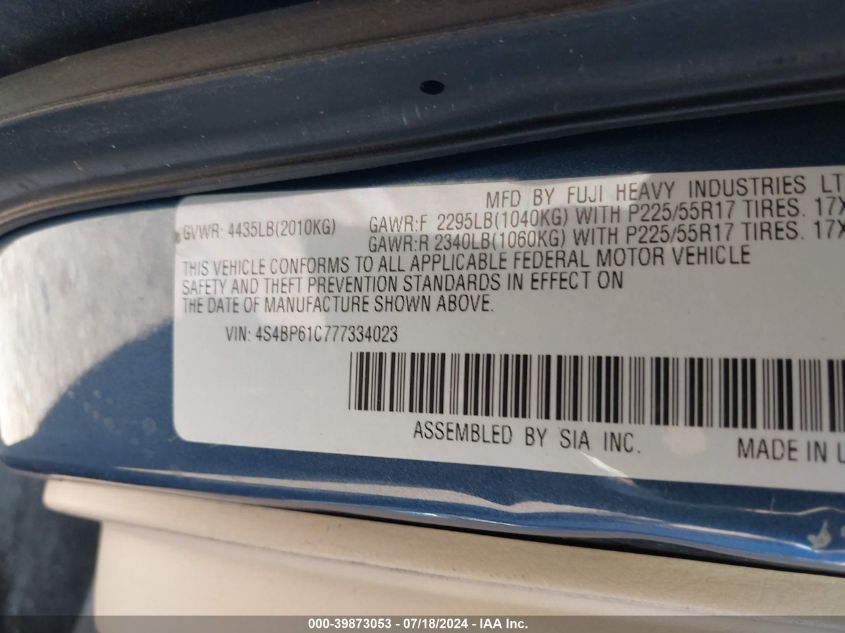 2007 Subaru Outback Outback 2.5I VIN: 4S4BP61C777334023 Lot: 39873053