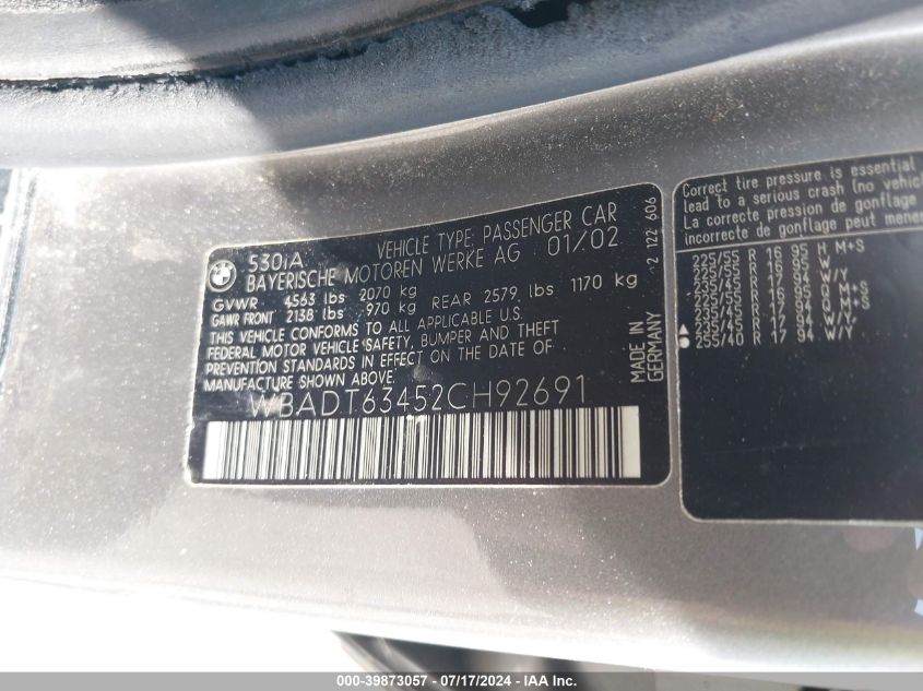 2002 BMW 530Ia I Automatic VIN: WBADT63452CH92691 Lot: 39873057