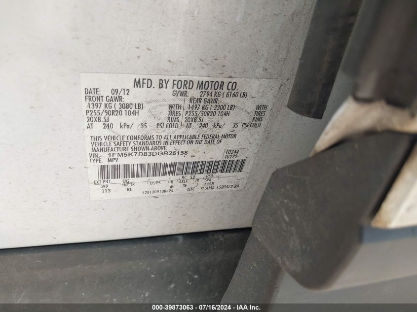 2013 Ford Explorer Xlt VIN: 1FM5K7D83DGB26158 Lot: 39873063