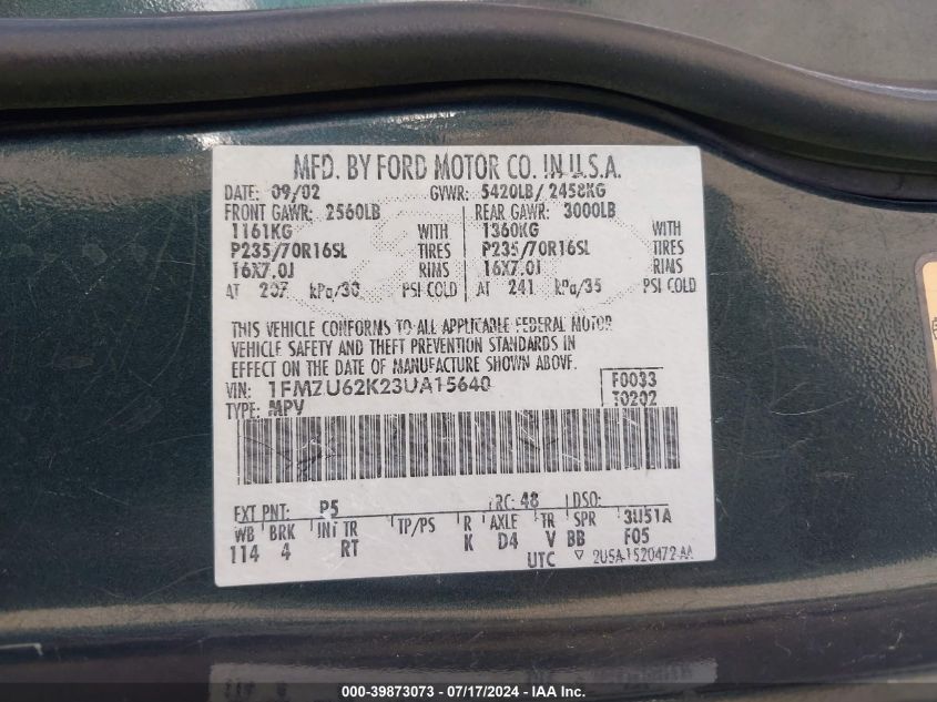 2003 Ford Explorer Xls VIN: 1FMZU62K23UA15640 Lot: 39873073