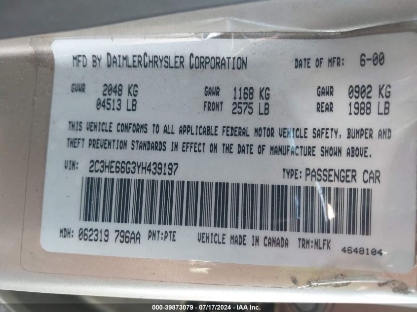 2000 Chrysler 300M VIN: 2C3HE66G3YH439197 Lot: 39873079