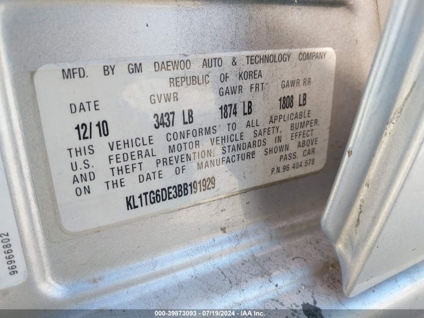 2011 Chevrolet Aveo Lt VIN: KL1TG6DE3BB191929 Lot: 39873093