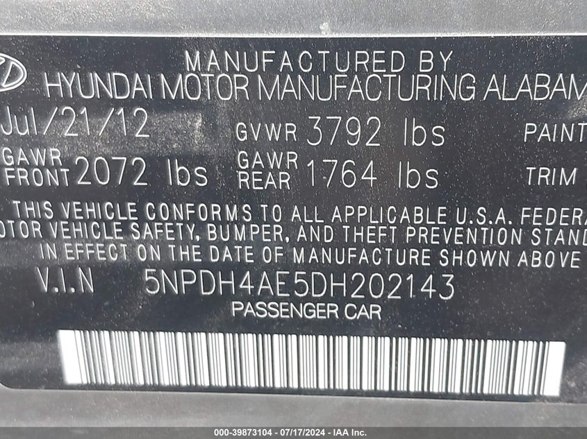 2013 Hyundai Elantra Gls/Limited VIN: 5NPDH4AE5DH202143 Lot: 39873104