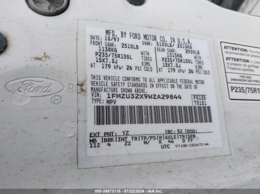 1998 Ford Explorer Eddie Bauer/Limited/Xl/Xlt VIN: 1FMZU32X9WZA29844 Lot: 39873118