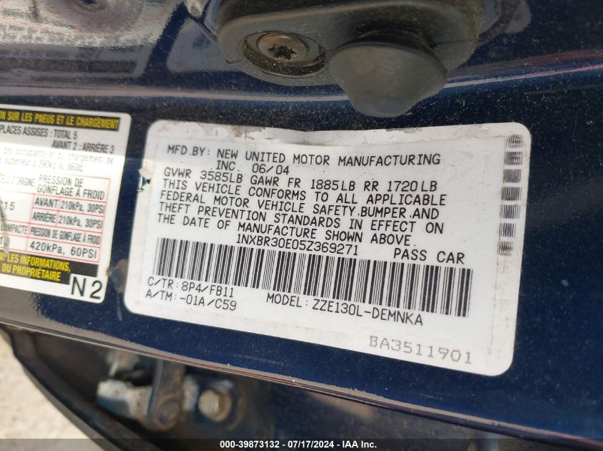 2005 Toyota Corolla Le VIN: 1NXBR30E05Z369271 Lot: 39873132