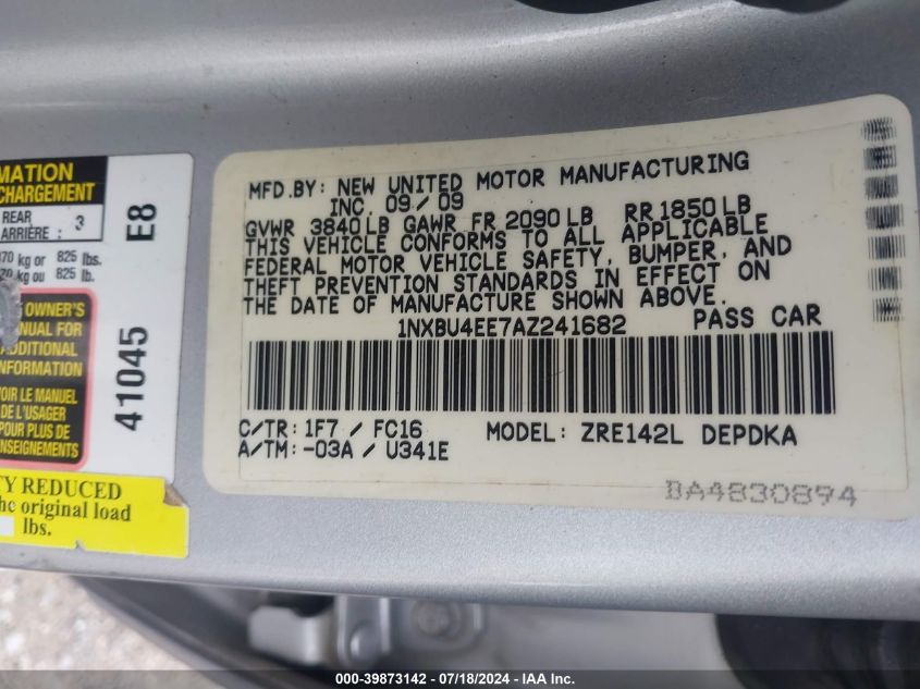 2010 Toyota Corolla Le VIN: 1NXBU4EE7AZ241682 Lot: 39873142