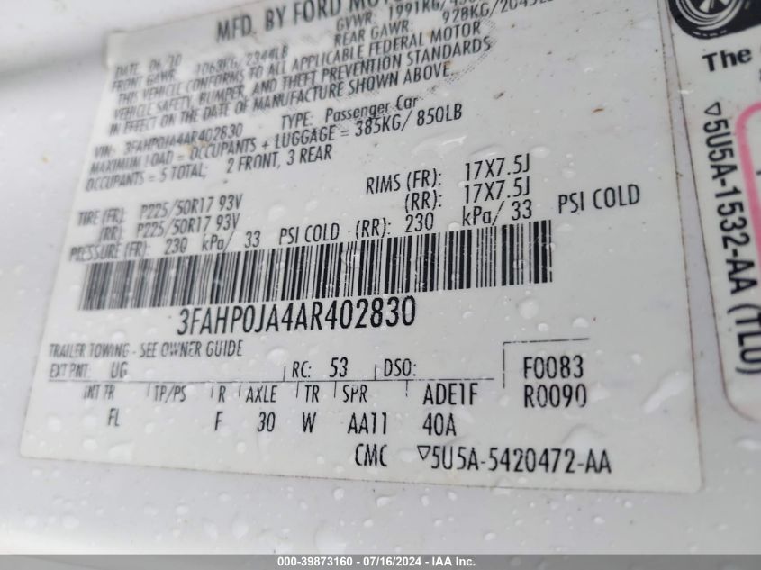 2010 Ford Fusion Sel VIN: 3FAHP0JA4AR402830 Lot: 39873160