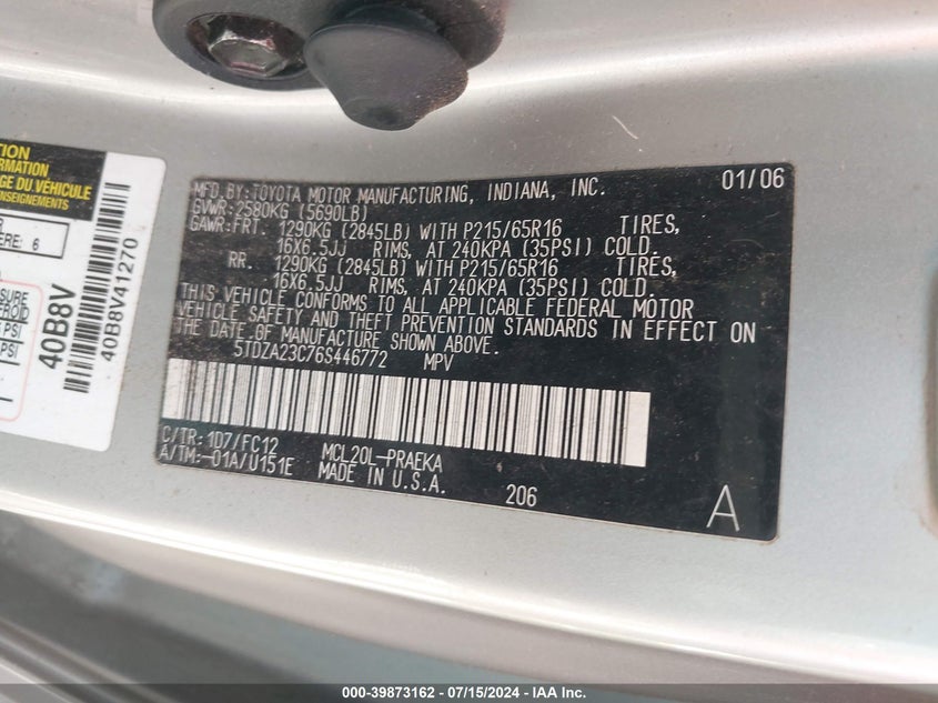 2006 Toyota Sienna Le VIN: 5TDZA23C76S446772 Lot: 39873162